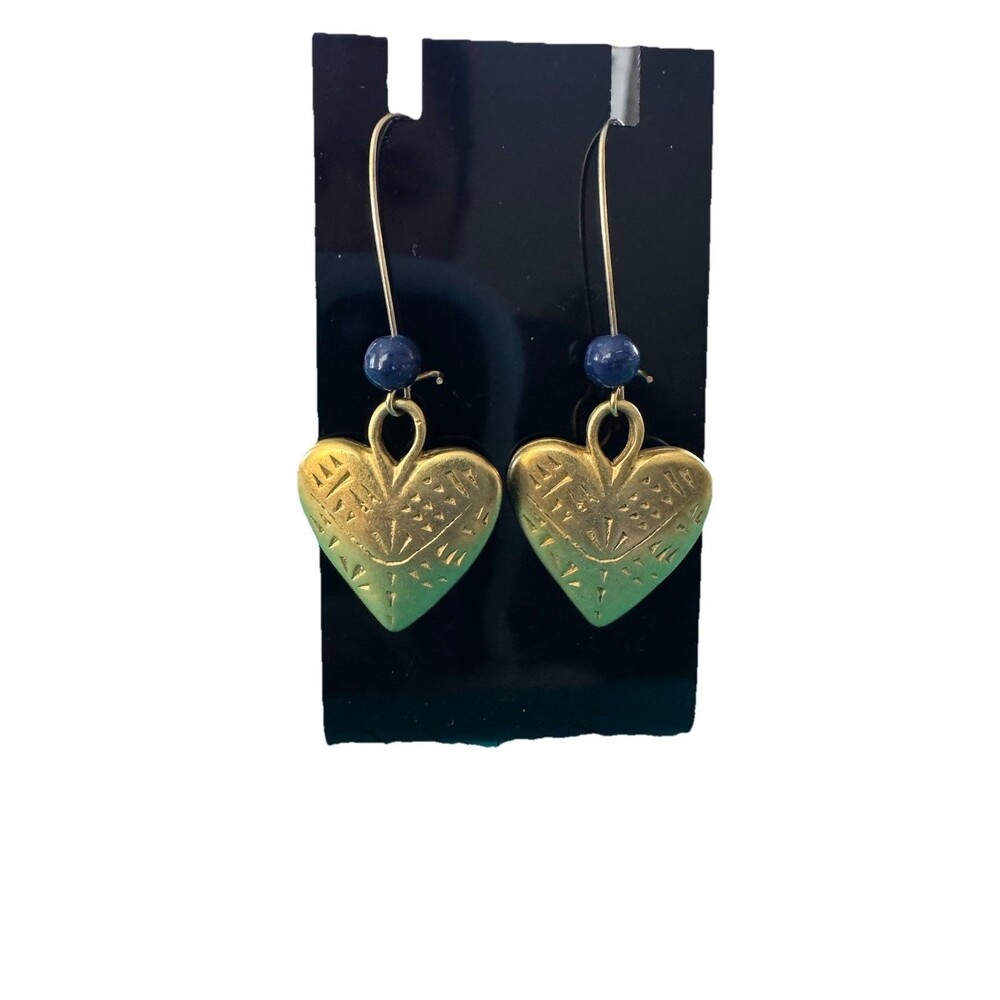 Gold Tone Heart Earrings Accented With Blue Bead Dangle Style